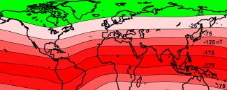 Multi-color map of Real-Time High Definition Geomagnetic Model field and dip disturbance Multi-color map of Real-Time High Definition Geomagnetic Model field and dip disturbance
