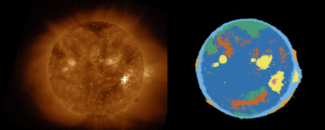 Observations during the September 6, 2017, solar flare, turned into multi-colored maps. Different colors identify different solar phenomena. Observations during the September 6, 2017, solar flare, turned into multi-colored maps. Different colors identify different solar phenomena.