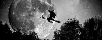 Silhouette of stereotypical Halloween witch and cat riding a broom against a full moon. Silhouette of stereotypical Halloween witch and cat riding a broom against a full moon.