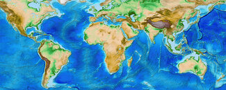 Full map of the world in browns, greens, and blues showing the contours of the surfaces above and below the sea, derived from the ETOPO model from NOAA NCEI. Full map of the world in browns, greens, and blues showing the contours of the surfaces above and below the sea, derived from the ETOPO model from NOAA NCEI.