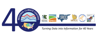 The number four followed by the Regional Climate Center logo, creating the number 40, followed by the logos for each individual center, including the Western Regional Climate Center, the High Plains Regional Climate Center, the Southern Regional Climate Center, the Midwestern Regional Climate Center, the Southeast Regional Climate Center, and the Northeast Regional Climate Center. Beneath the logos, there is the phrase, “Turning Data into Information for 40 Years.” The number four followed by the Regional Climate Center logo, creating the number 40, followed by the logos for each individual center, including the Western Regional Climate Center, the High Plains Regional Climate Center, the Southern Regional Climate Center, the Midwestern Regional Climate Center, the Southeast Regional Climate Center, and the Northeast Regional Climate Center. Beneath the logos, there is the phrase, “Turning Data into Information for 40 Years.”