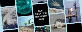 Collage representing NCEI scientific research topics in 2022. From left to right: satellite image of a hurricane; satellite image of the sun in which the sun is blue to show sun spots; dry ground with two plants; sea ice; box with the words “NCEI Scientific Research 2022”; deep sea coral; CTD instrument in the water off the side of a ship; a Kemp's Ridley turtle in the sand; weather station on a dock next to the water. Collage representing NCEI scientific research topics in 2022. From left to right: satellite image of a hurricane; satellite image of the sun in which the sun is blue to show sun spots; dry ground with two plants; sea ice; box with the words “NCEI Scientific Research 2022”; deep sea coral; CTD instrument in the water off the side of a ship; a Kemp's Ridley turtle in the sand; weather station on a dock next to the water.