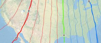 Declination values for WMM2025 (dashed lines) and WMMHR2025 (solid lines) plotted together at 2 degree contours Declination values for WMM2025 (dashed lines) and WMMHR2025 (solid lines) plotted together at 2 degree contours