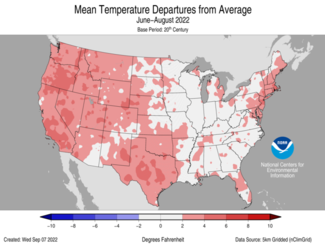 Mean Temperature Departures from Average map for June-August 2022.