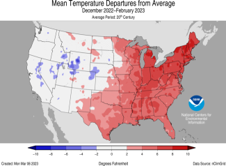 Winter 2022-2023 seasonal average temperature map for Jan-Feb-March.