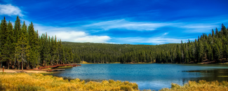 A lake surrounded by trees against a bright blue, slightly clouded sky. A lake surrounded by trees against a bright blue, slightly clouded sky.
