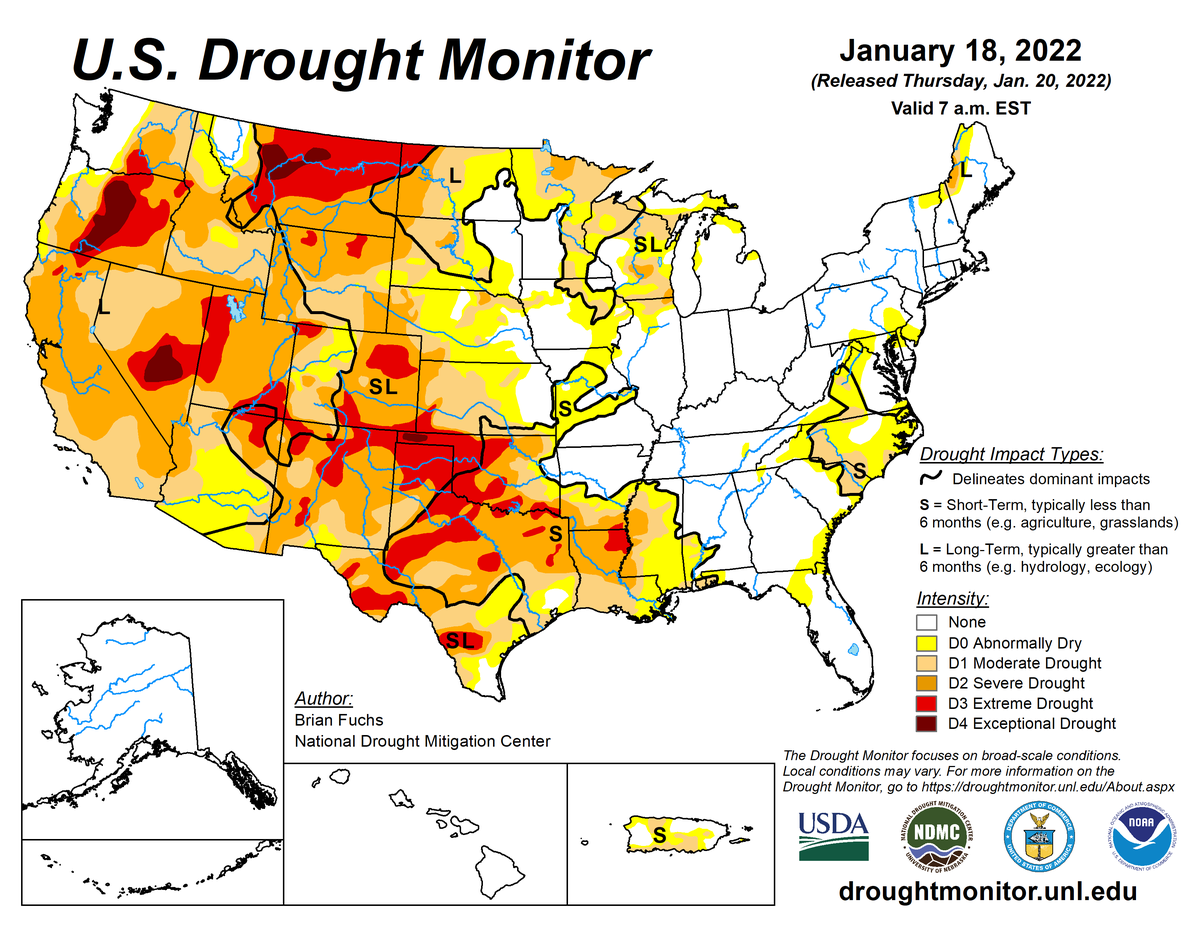 U.S. Drought Monitor map for January 18, 2022 U.S. Drought Monitor map for January 18, 2022