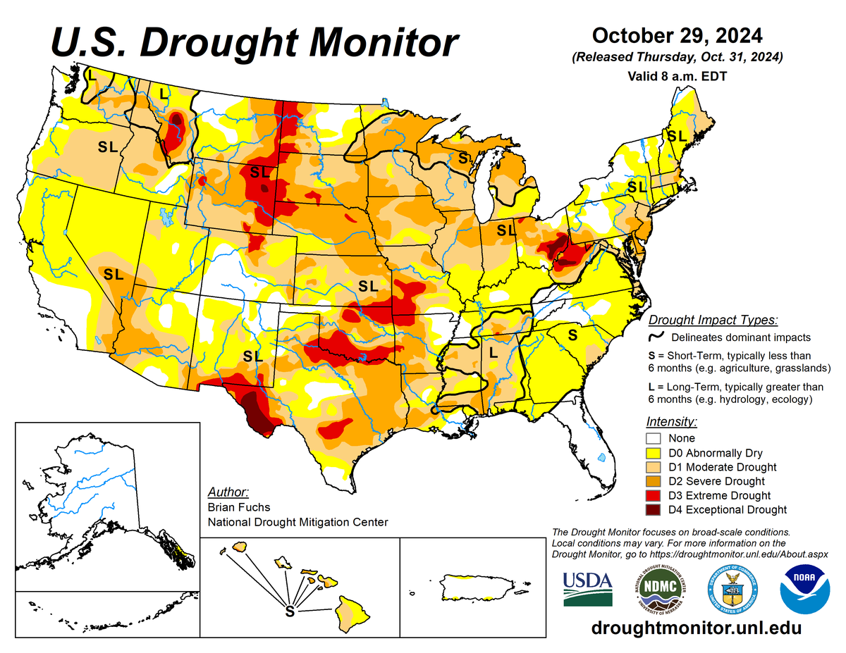 U.S. Drought Monitor map for October 29, 2024. U.S. Drought Monitor map for October 29, 2024.