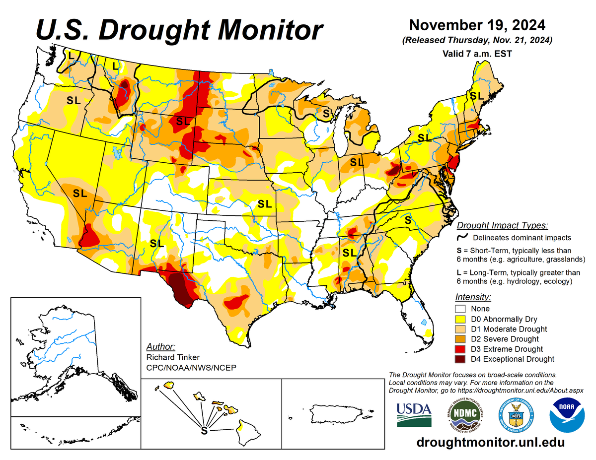U.S. Drought Monitor map for November 19, 2024. U.S. Drought Monitor map for November 19, 2024.