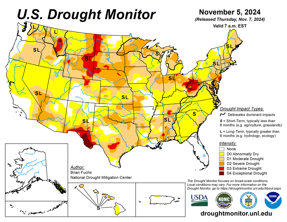 U.S. Drought Monitor map for November 5, 2024. U.S. Drought Monitor map for November 5, 2024.