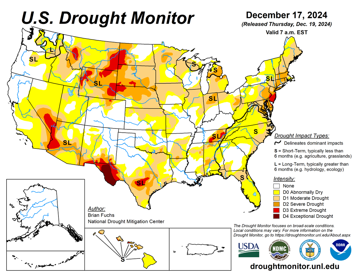 U.S. Drought Monitor map for December 17, 2024. U.S. Drought Monitor map for December 17, 2024.