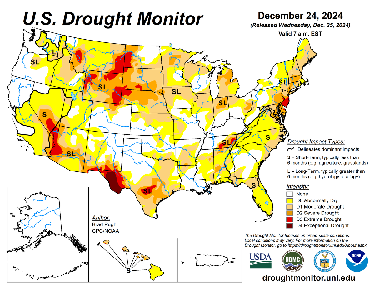 U.S. Drought Monitor map for December 24, 2024. U.S. Drought Monitor map for December 24, 2024.