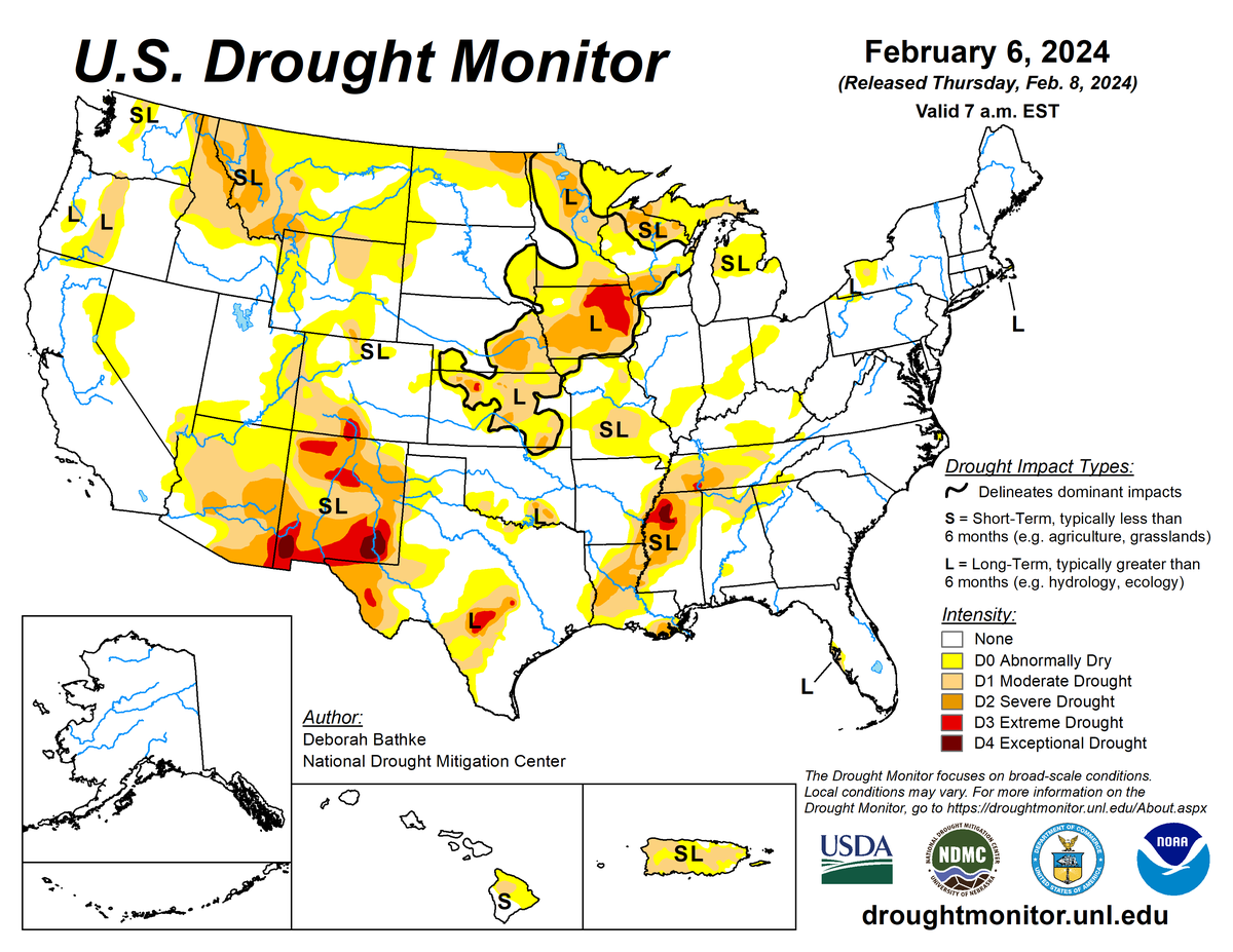 U.S. Drought Monitor map for February 6, 2024. U.S. Drought Monitor map for February 6, 2024.