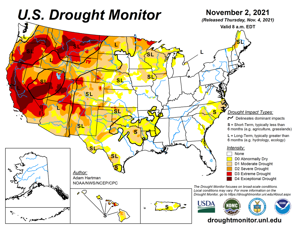 Map showing the drought conditions in the United States for the week ending on November 2, 2021. Map showing the drought conditions in the United States for the week ending on November 2, 2021.