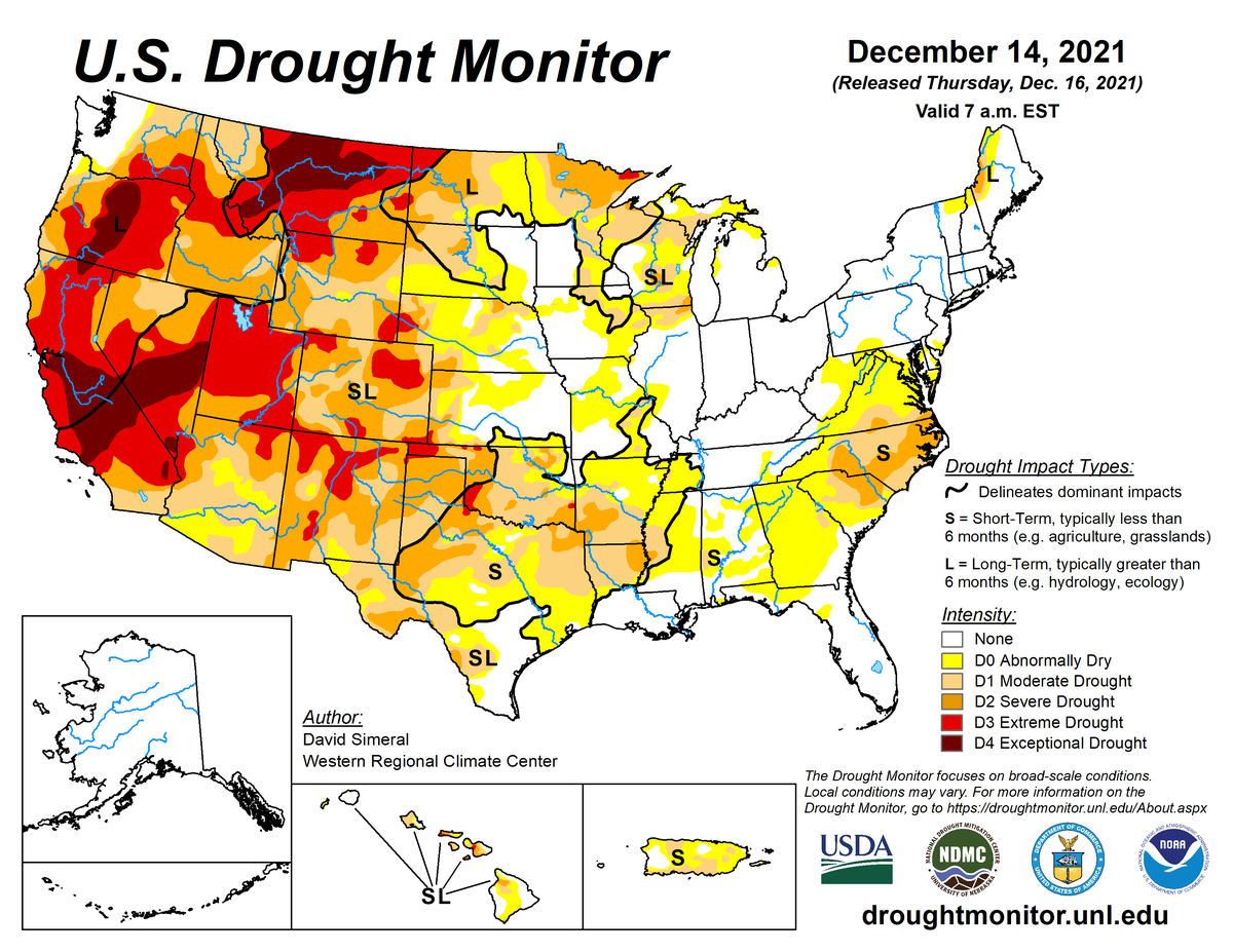 Map of drought conditions for the United States for the week ending December 4th, 2021. Map of drought conditions for the United States for the week ending December 4th, 2021.