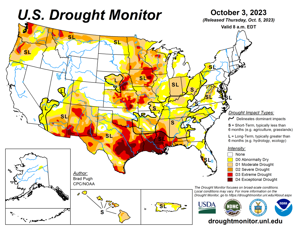 U.S. Drought Monitor map for October 3, 2023. U.S. Drought Monitor map for October 3, 2023.