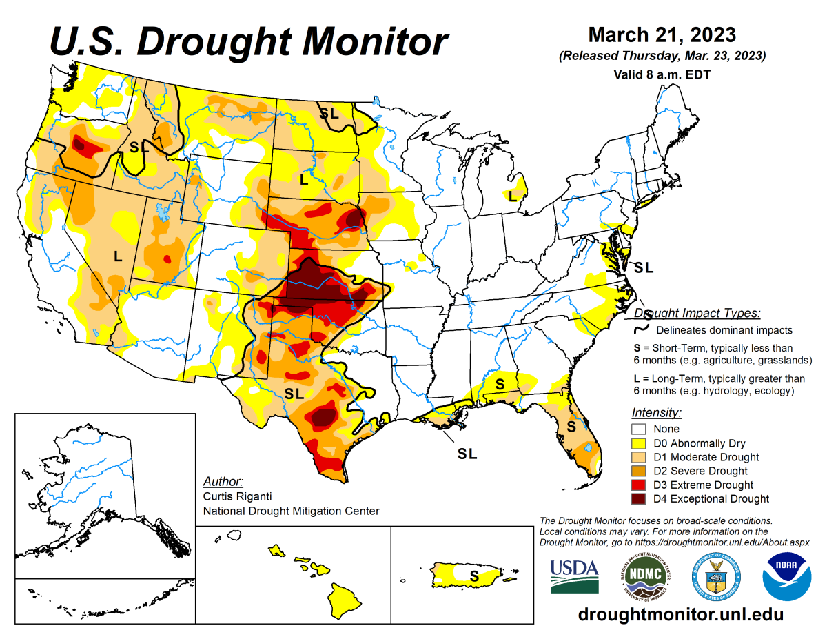 U.S. Drought Monitor map for March 21, 2023. U.S. Drought Monitor map for March 21, 2023.