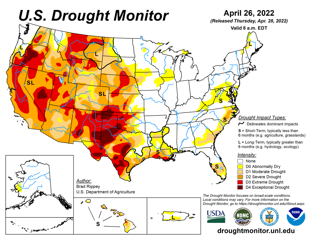 US Drought Monitor map for April 26, 2022 US Drought Monitor map for April 26, 2022