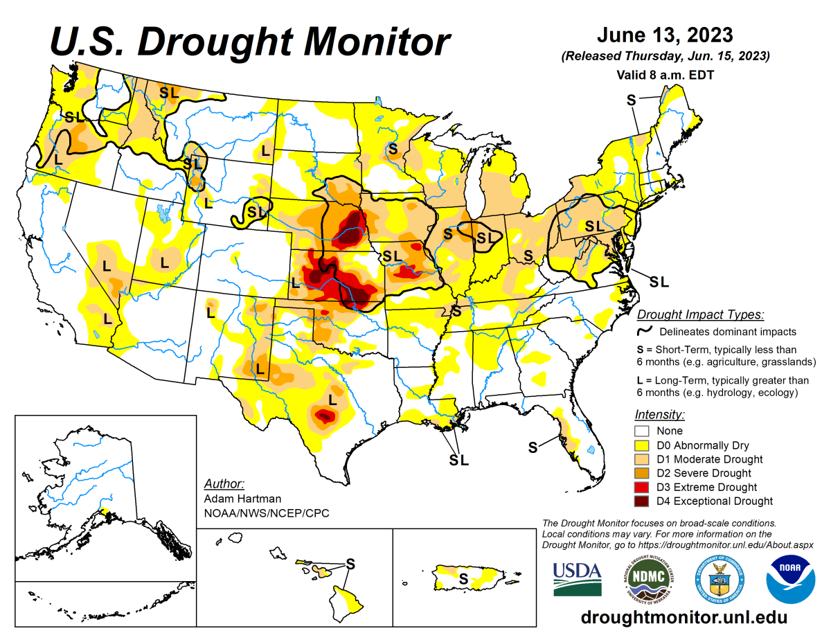 U.S. Drought Monitor map for June 13, 2023. U.S. Drought Monitor map for June 13, 2023.
