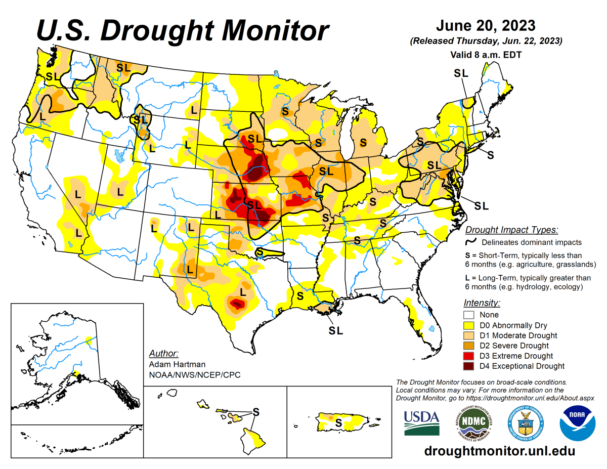 U.S. Drought Monitor map for June 20, 2023. U.S. Drought Monitor map for June 20, 2023.