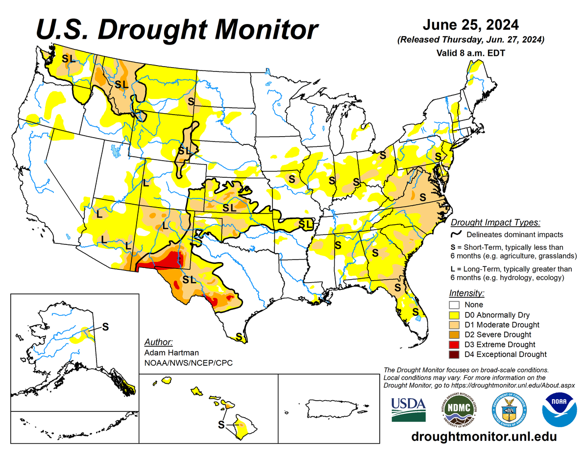 U.S. Drought Monitor map for June 25, 2024 U.S. Drought Monitor map for June 25, 2024