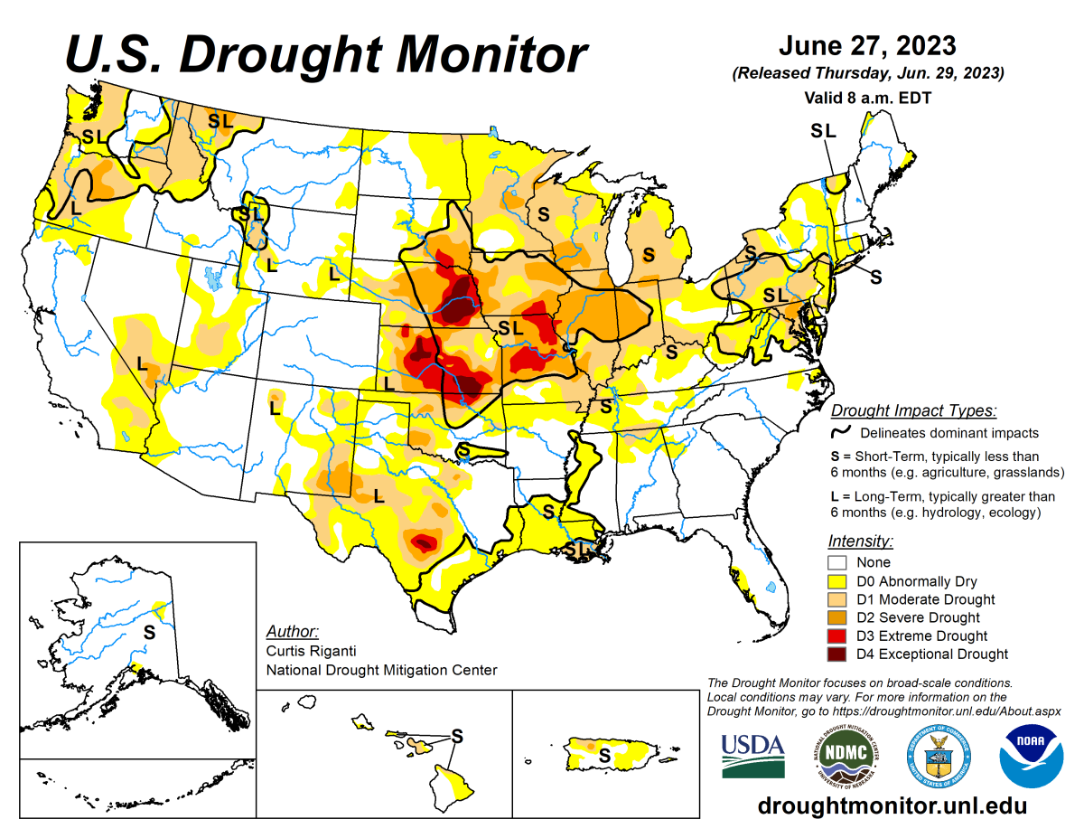 U.S. Drought Monitor map for June 27, 2023. U.S. Drought Monitor map for June 27, 2023.