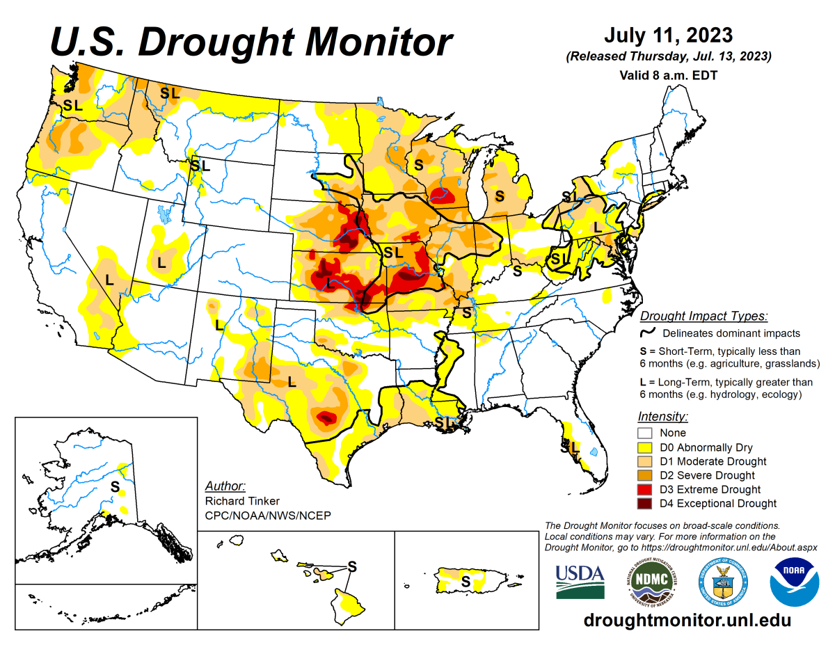 U.S. Drought Monitor map for July 11, 2023. U.S. Drought Monitor map for July 11, 2023.