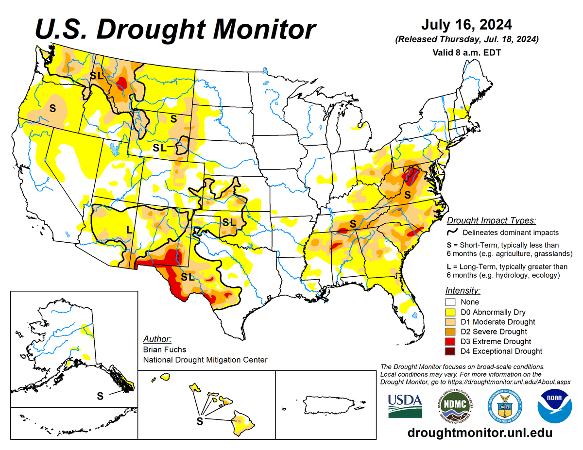 U.S. Drought Monitor map for July 16, 2024. U.S. Drought Monitor map for July 16, 2024.