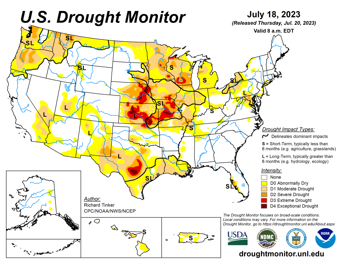 U.S. Drought Monitor map for July 18, 2023. U.S. Drought Monitor map for July 18, 2023.