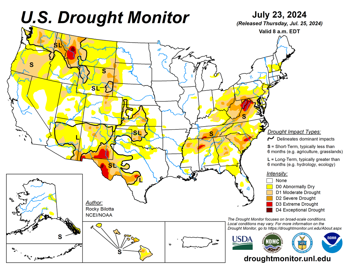 U.S. Drought Monitor map for July 23, 2024. U.S. Drought Monitor map for July 23, 2024.