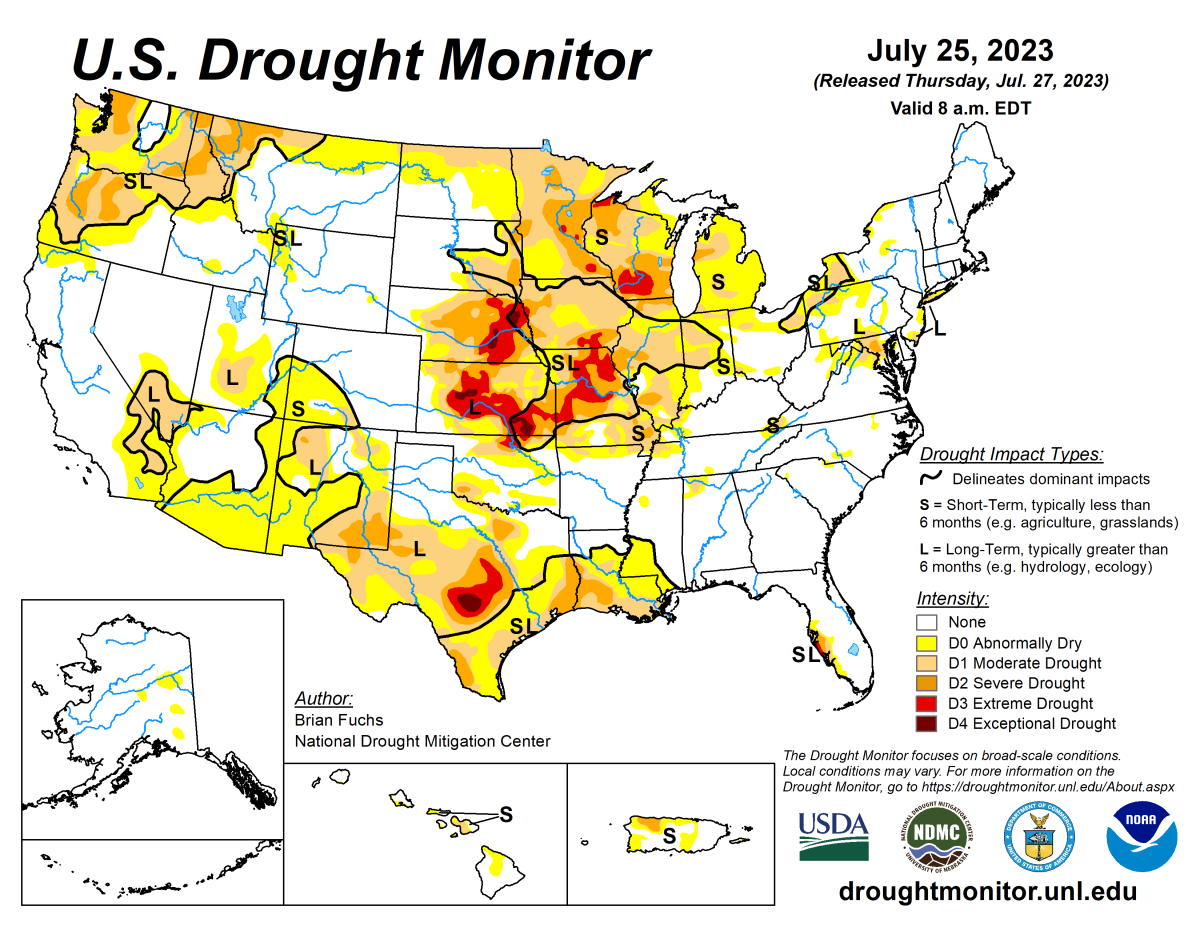 U.S. Drought Monitor map for July 25, 2023. U.S. Drought Monitor map for July 25, 2023.