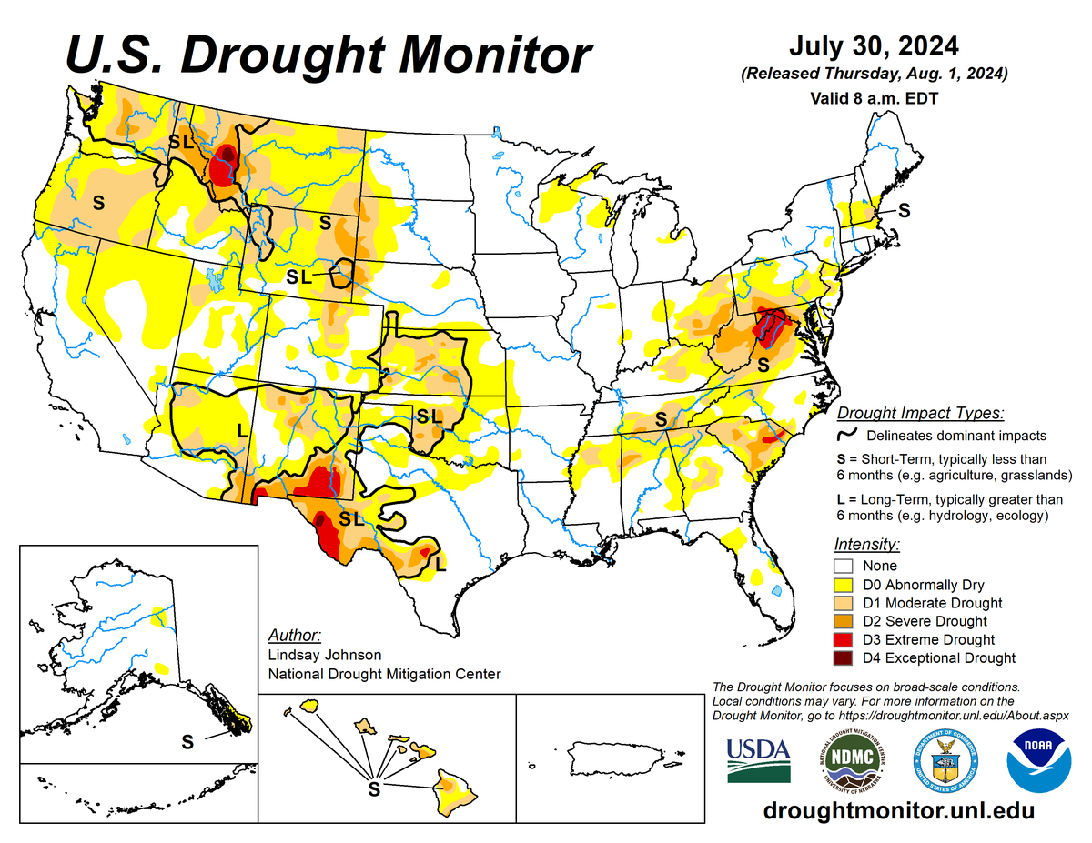 U.S. Drought Monitor map for July 30, 2024. U.S. Drought Monitor map for July 30, 2024.