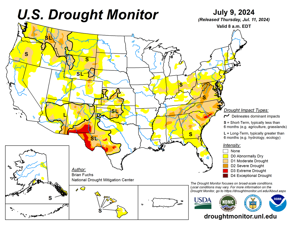 U.S. Drought Monitor map for July 9, 2024. U.S. Drought Monitor map for July 9, 2024.