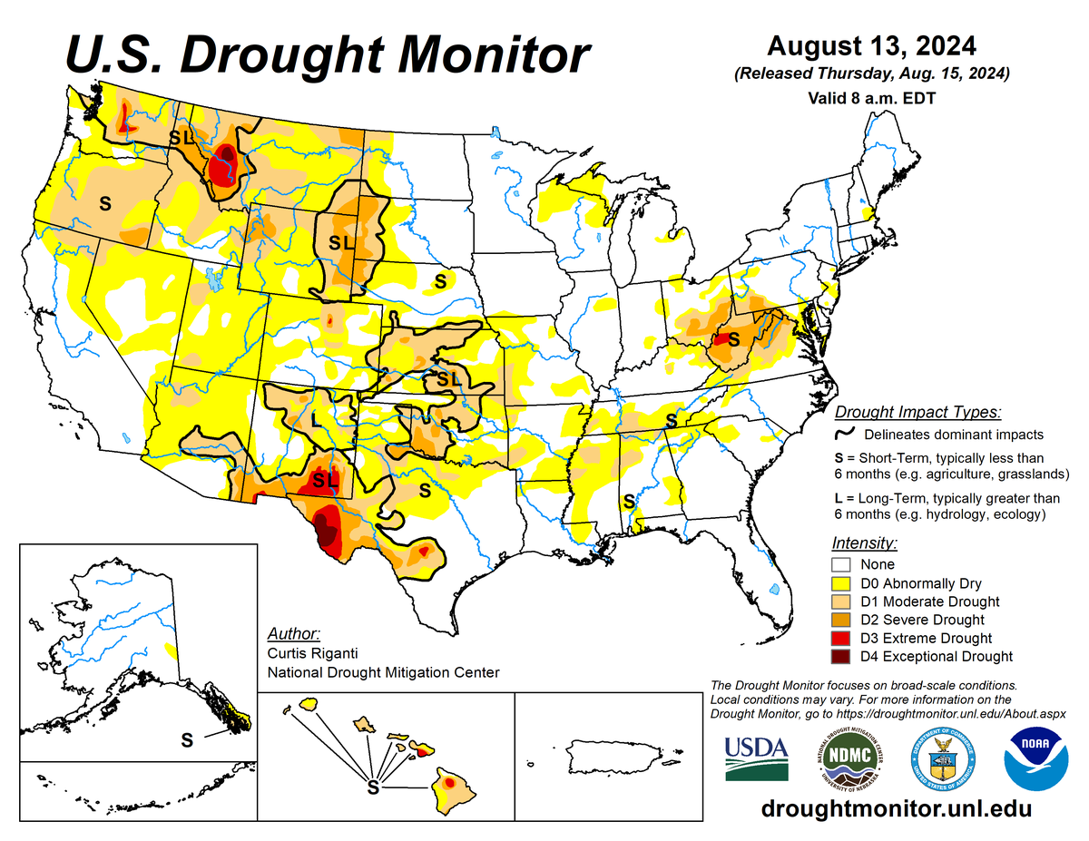 U.S. Drought Monitor map for August 13, 2024. U.S. Drought Monitor map for August 13, 2024.