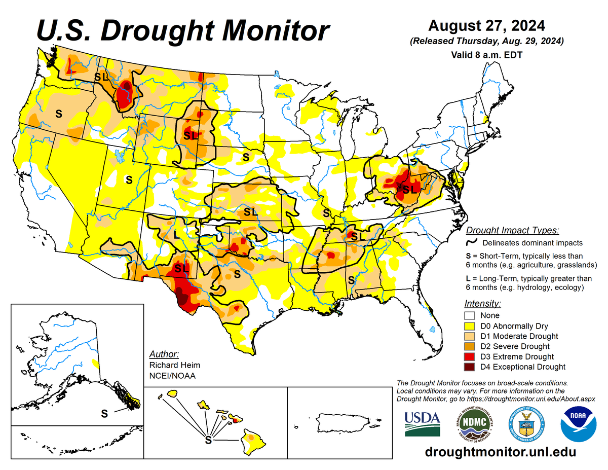 U.S. Drought Monitor map for August 27, 2024. U.S. Drought Monitor map for August 27, 2024.