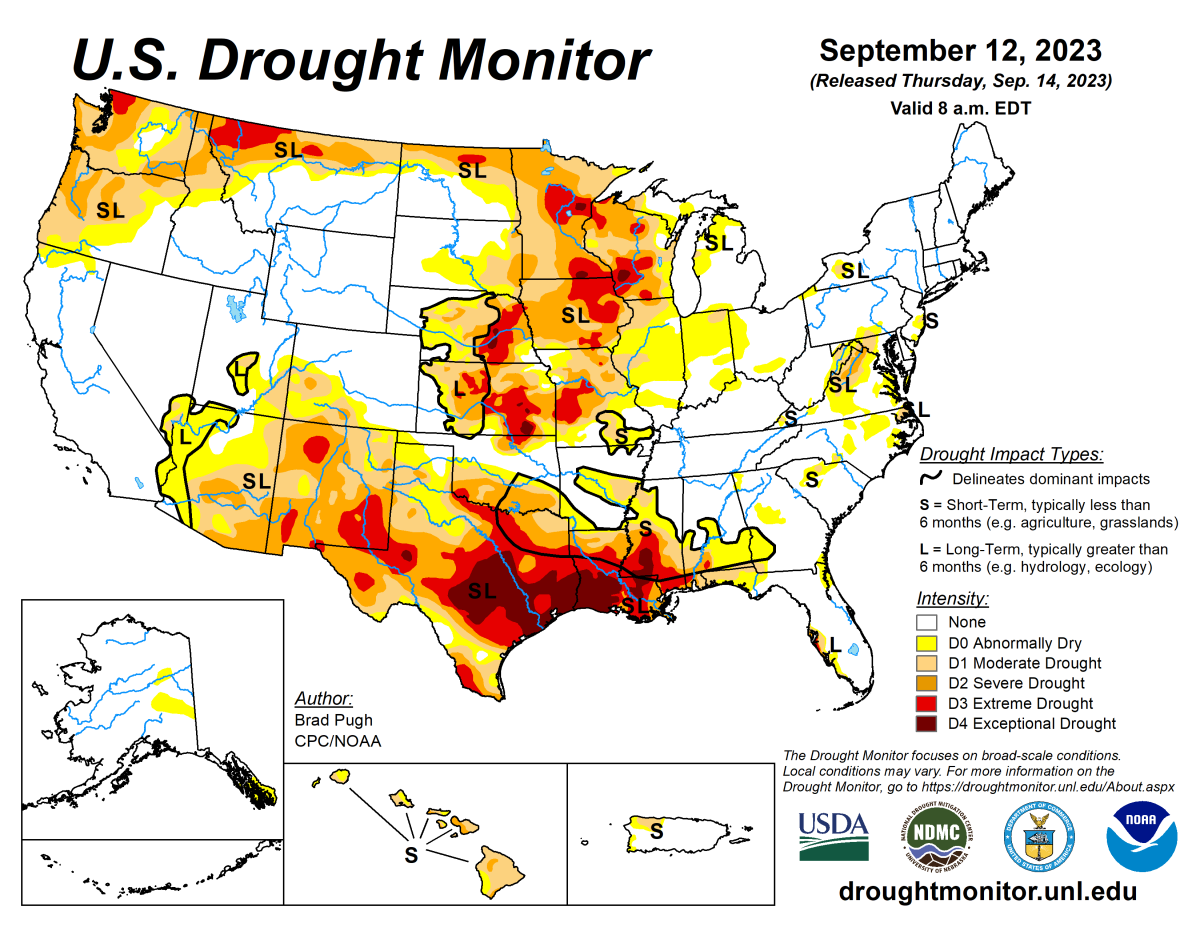 U.S. Drought Monitor map for September 12, 2023. U.S. Drought Monitor map for September 12, 2023.