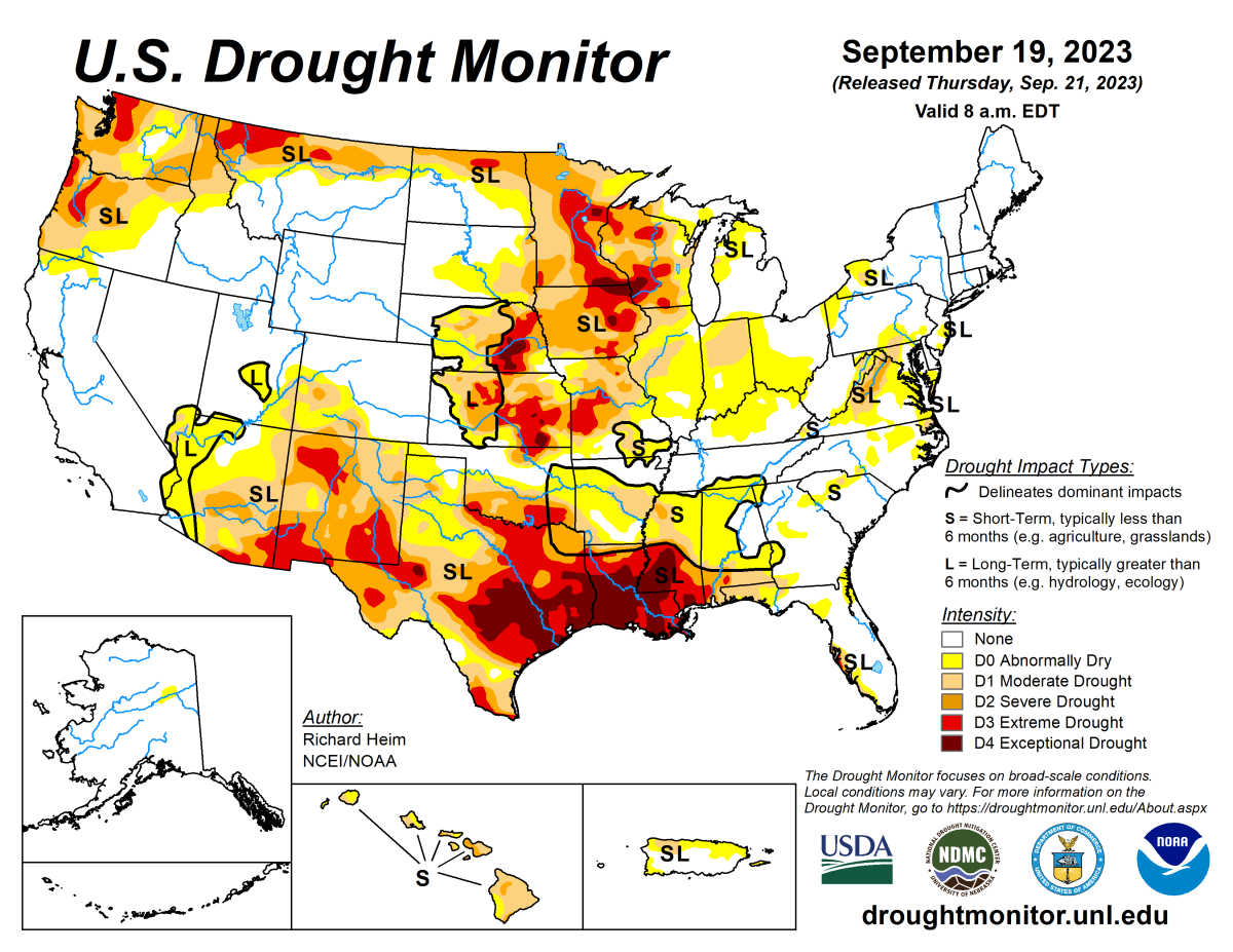 U.S. Drought Monitor map for September 19, 2023. U.S. Drought Monitor map for September 19, 2023.