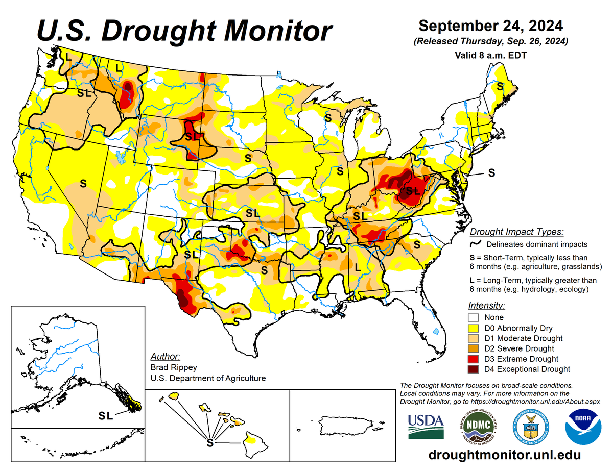 Map of the September 24, 2024 U,S. Drought Monitor. Map of the September 24, 2024 U,S. Drought Monitor.