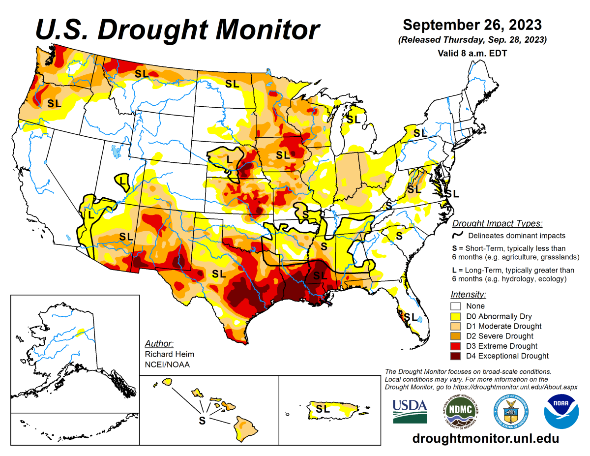 U.S. Drought Monitor map for September 26, 2023. U.S. Drought Monitor map for September 26, 2023.