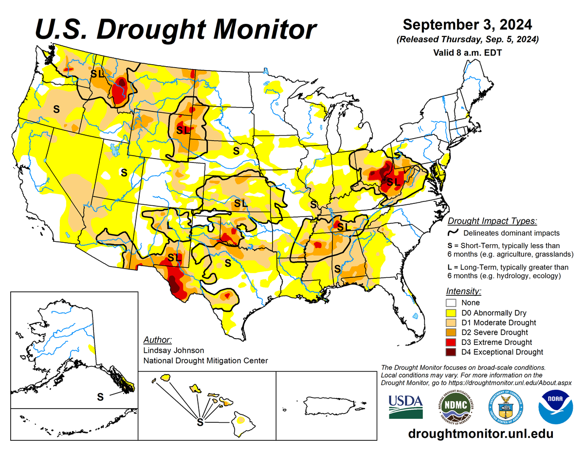 U.S. Drought Monitor map for September 3, 2024. U.S. Drought Monitor map for September 3, 2024.