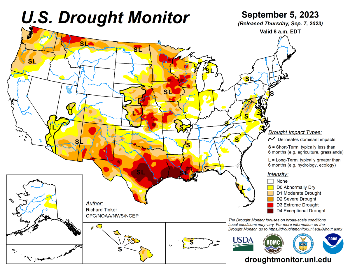 Alt text: U.S. Drought Monitor map for September 5, 2023. Alt text: U.S. Drought Monitor map for September 5, 2023.