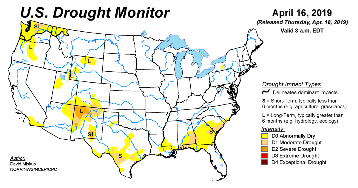 Map of U.S. drought conditions for April 16, 2019 Map of U.S. drought conditions for April 16, 2019