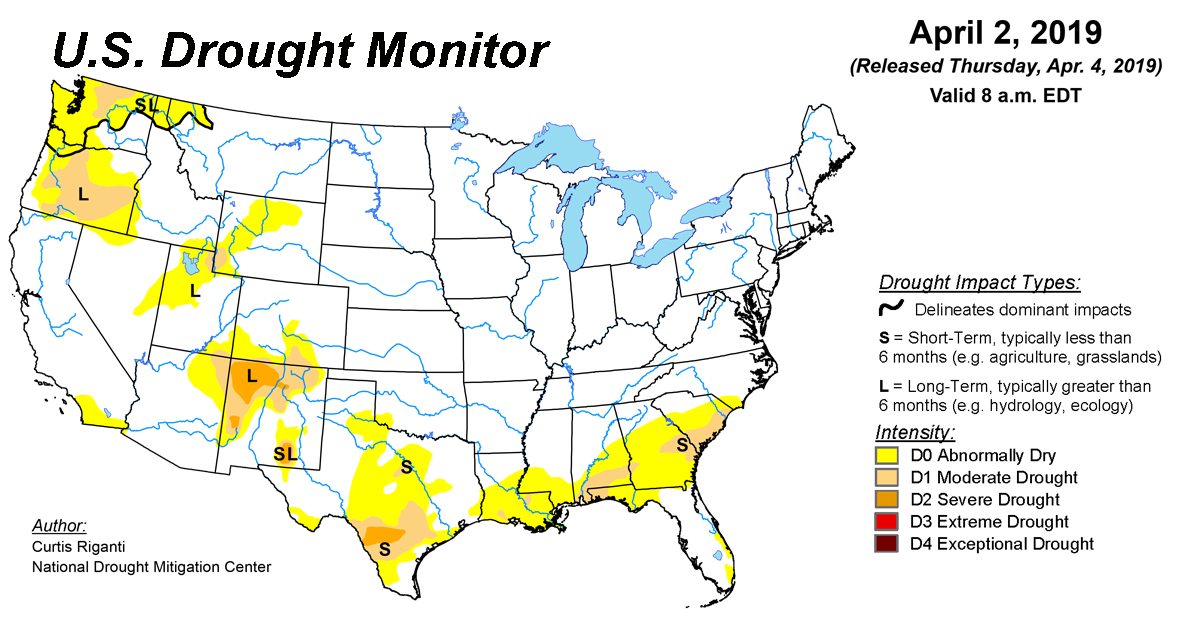 Map of U.S. drought conditions for April 2, 2019 Map of U.S. drought conditions for April 2, 2019