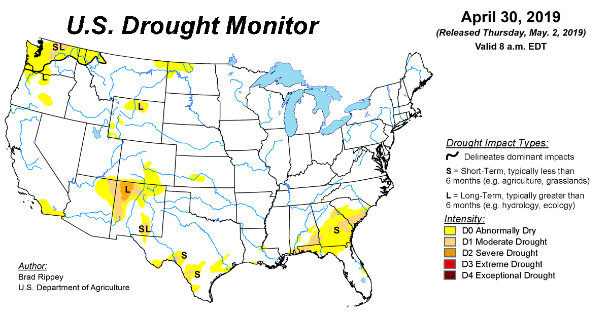 Map of U.S. drought conditions for April 30, 2019 Map of U.S. drought conditions for April 30, 2019