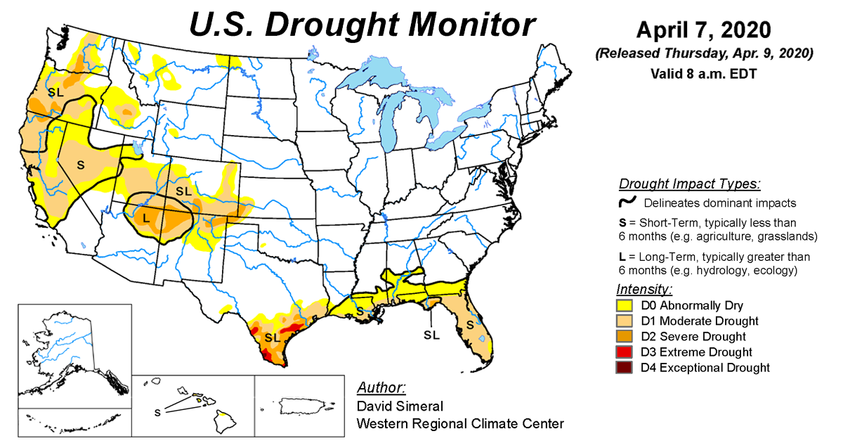 Map of U.S. drought conditions for April 7, 2020 Map of U.S. drought conditions for April 7, 2020