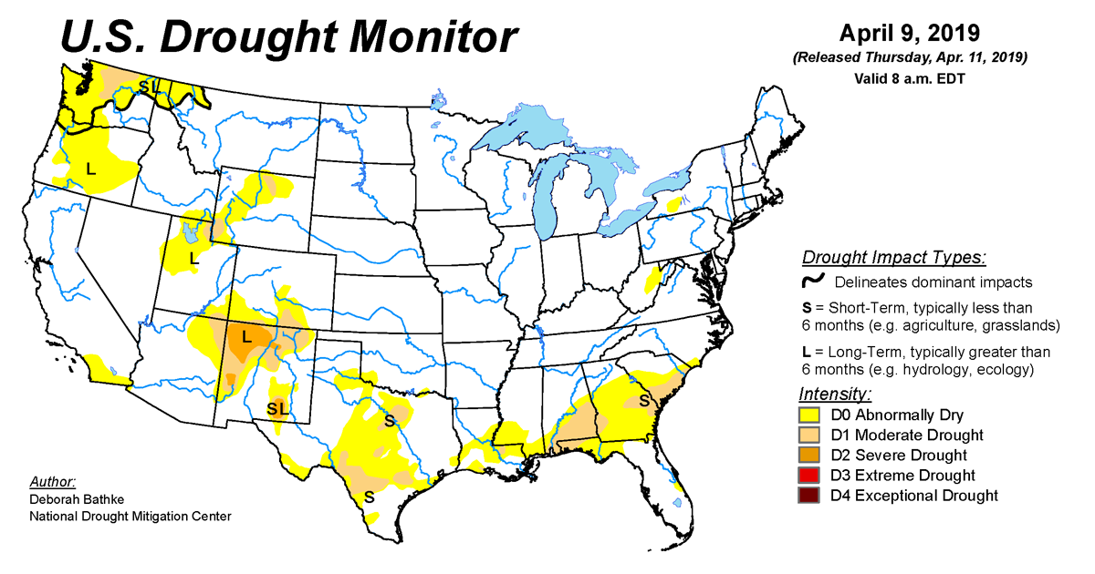 Map of U.S. drought conditions for April 9, 2019 Map of U.S. drought conditions for April 9, 2019