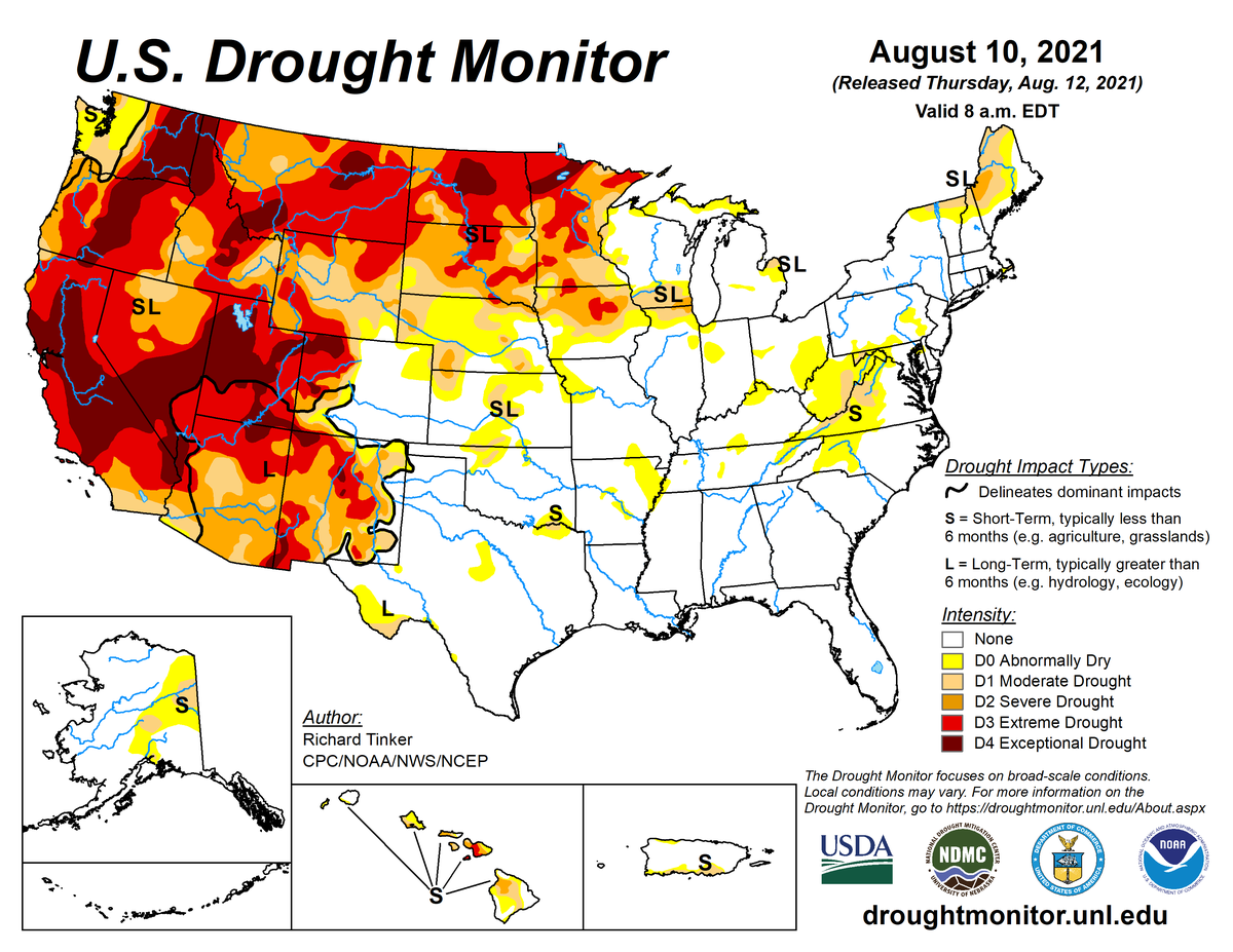 Map of U.S. drought conditions for August 10, 2021 Map of U.S. drought conditions for August 10, 2021