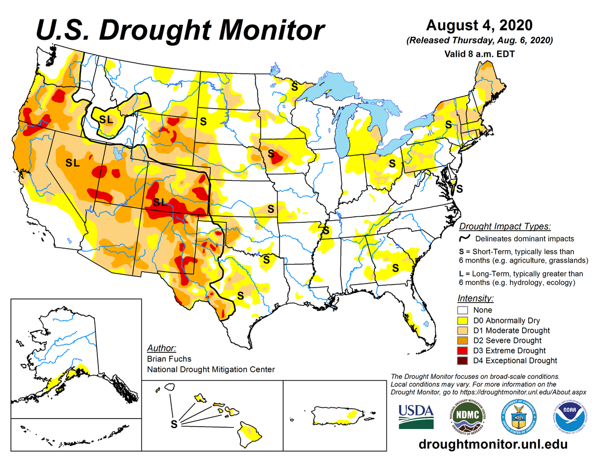 Map of U.S. drought conditions for August 4, 2020 Map of U.S. drought conditions for August 4, 2020