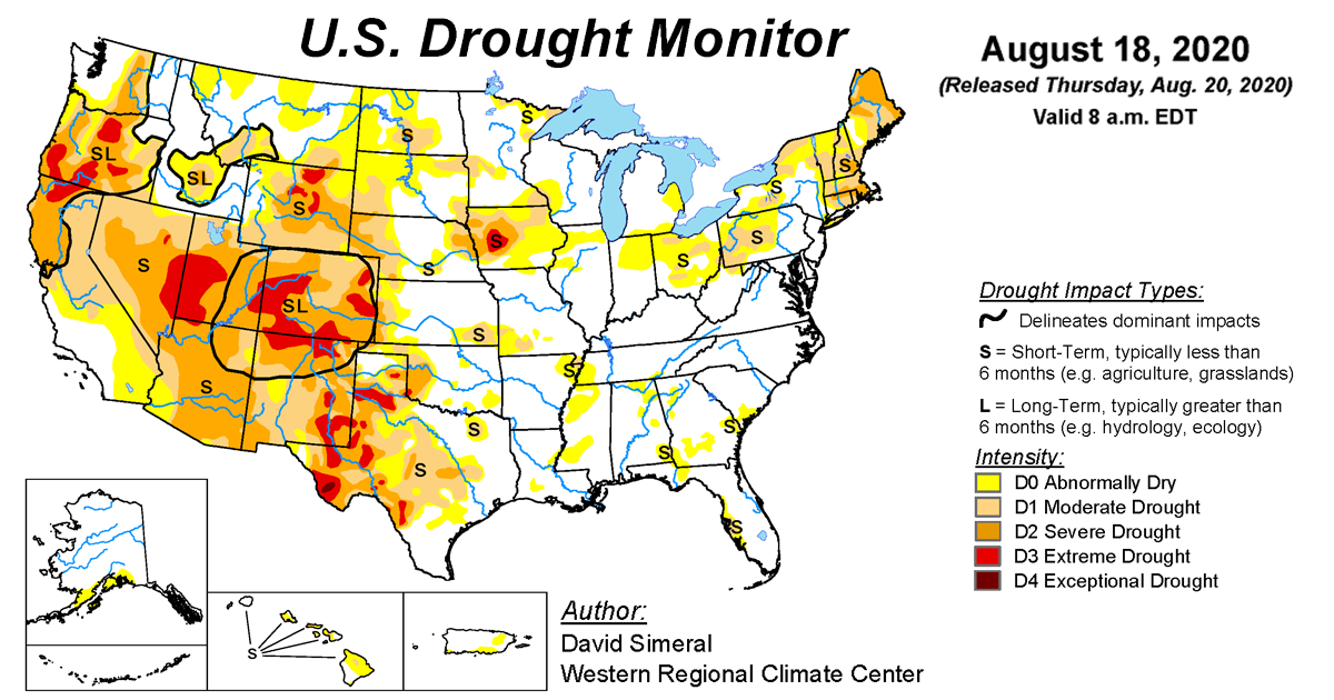 Map of U.S. drought conditions for August 18, 2020 Map of U.S. drought conditions for August 18, 2020