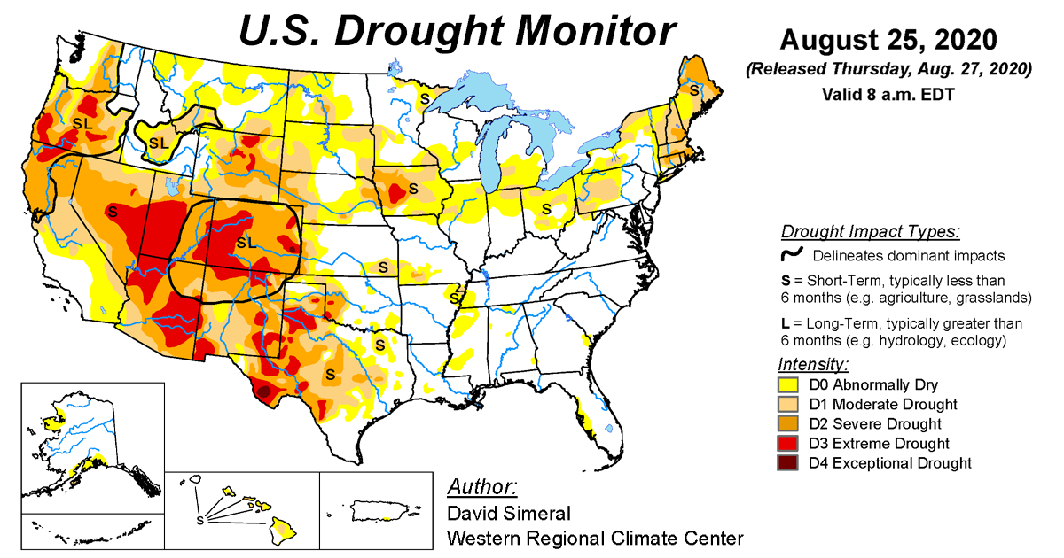 Map of U.S. drought conditions for August 25, 2020 Map of U.S. drought conditions for August 25, 2020